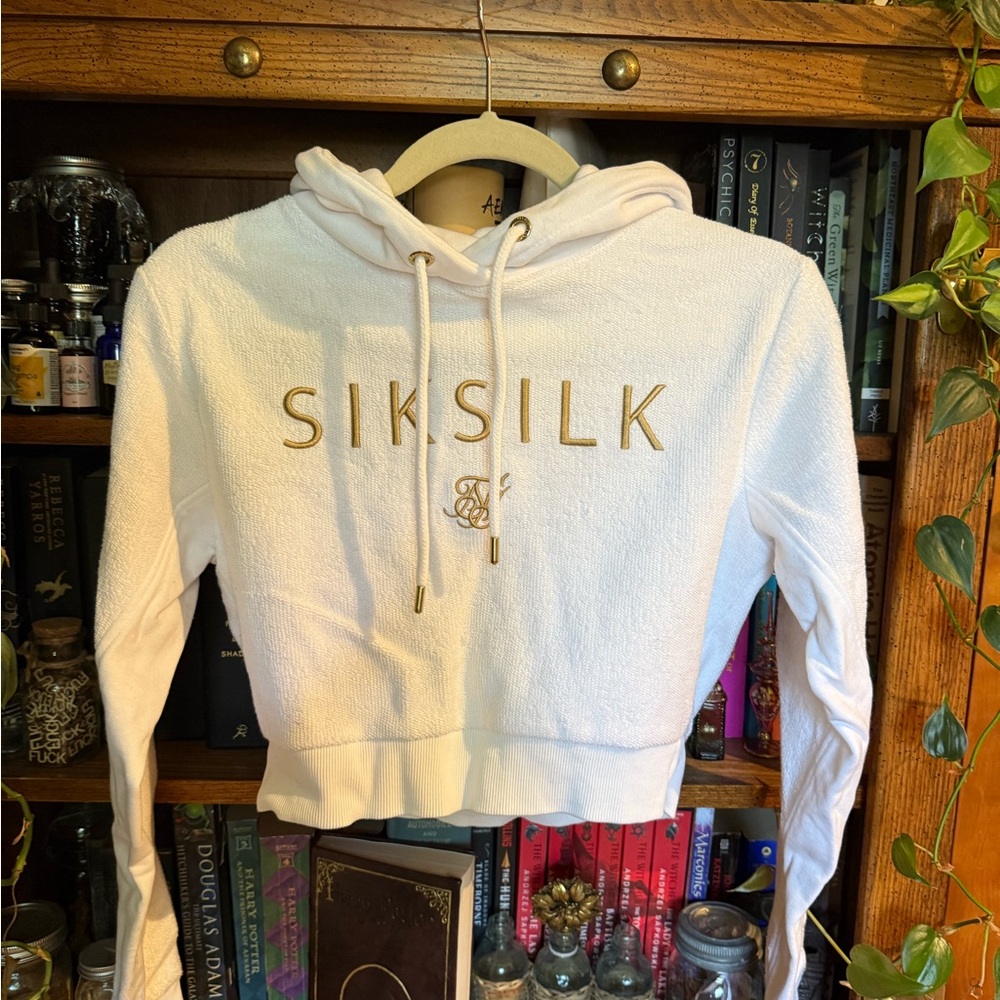 White Cropped Hoodie with Gold Text